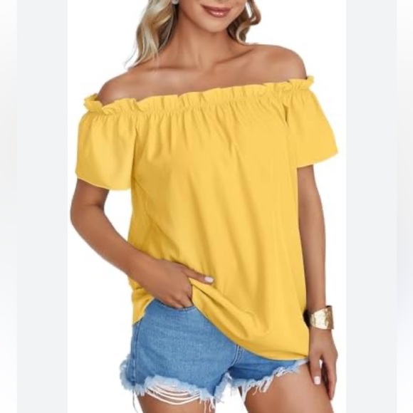 Active USA | Ruffle Top Off Shoulder Blouse Flowy Swing Top Mustard Yellow - Picture 2 of 7